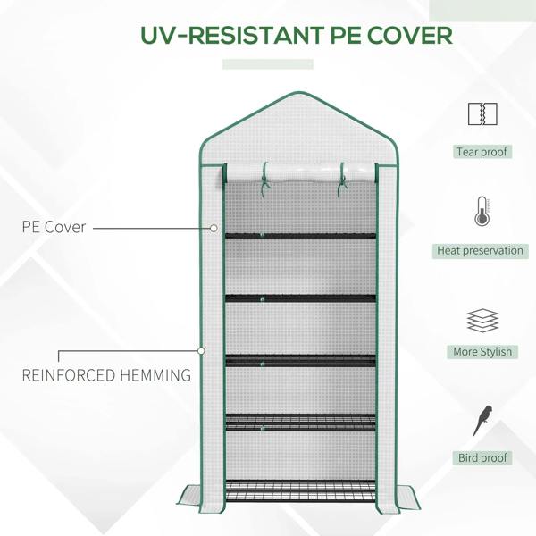Mini greenhouse with white PE cover and reinforced hem edges, front view