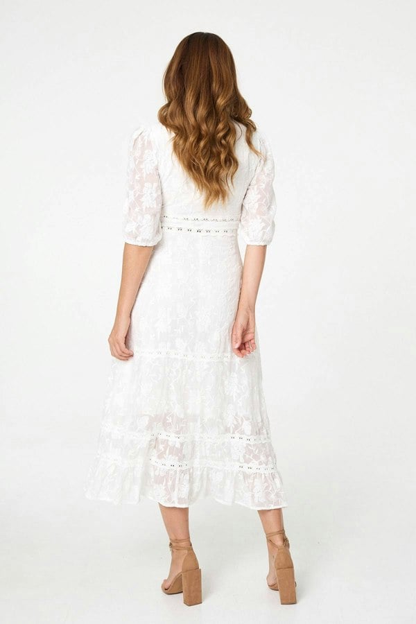 White | Lace 3/4 Sleeve Tiered Midi Dress
