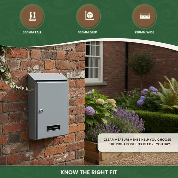 Galvanised Steel Wall Mounted Post Box in Grey with Perspex Name Tab, 2 Keys Included, Fixings Supplied