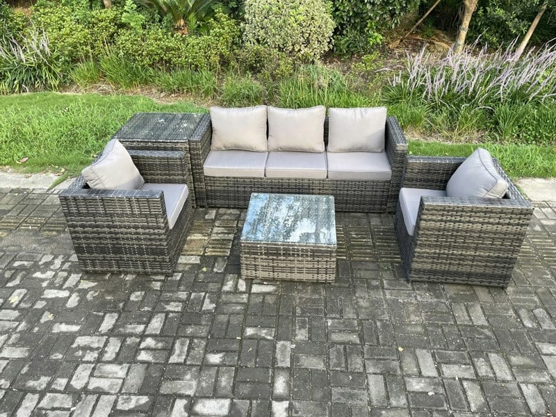 Fimous Outdoor Lounge Sofa Set Wicker PE Rattan Garden Furniture Set with 2 Armchairs Side Table Square Coffee Table Dark Grey Mixed