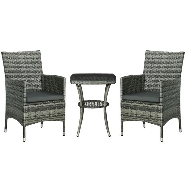 Mixed grey rattan bistro set: two chairs with seat cushions and small two-tier table