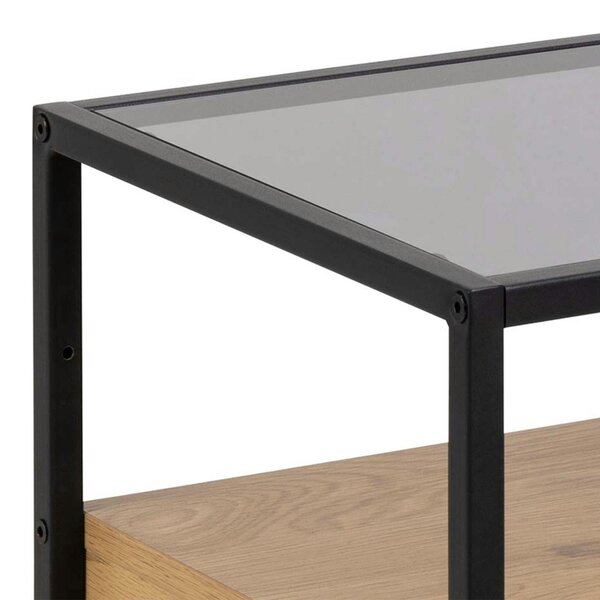 Wyld Haus Wrenna Black and Natural Oak Effect Square Bedside Table 1 Drawer Glass Top