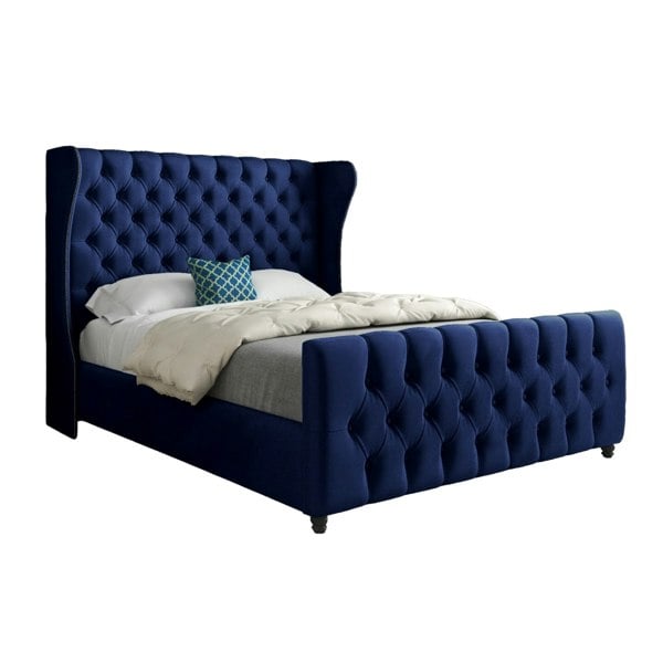 Casa Magna Donati Straight Curved Top Upholstered Soft Velvet Bed Frame - Blue