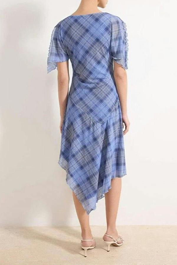 WOVCOR Plaid Angel Sleeve Ruffled Midi Knit Dress
