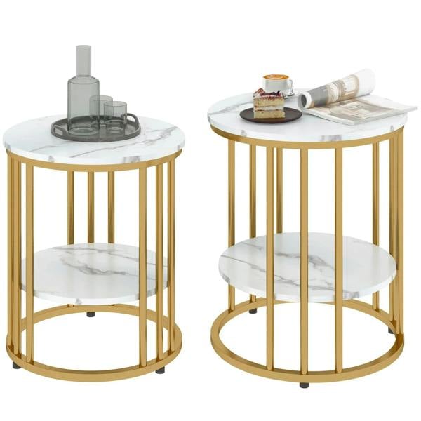 Set of two round marble-effect coffee tables with white tops and gold-tone frames.