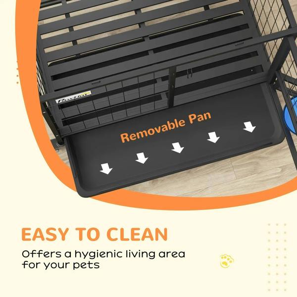 Black dog crate showing a removable bottom pan for easy cleaning