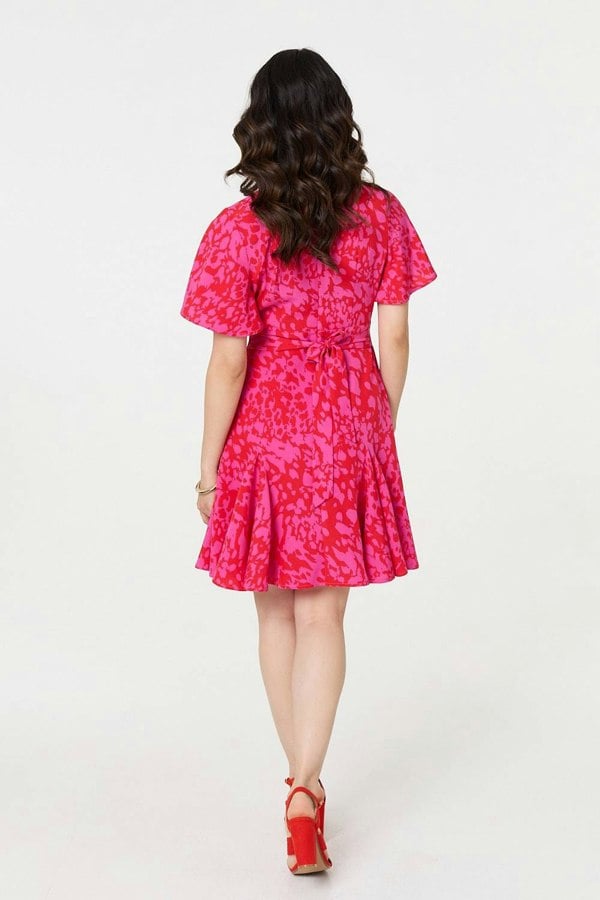 Red | Printed Angel Sleeve Knee Length Dress
