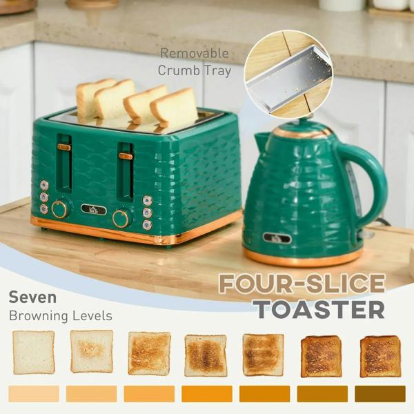 Green toaster with crumb tray and bread slices, plus matching green kettle beside it.