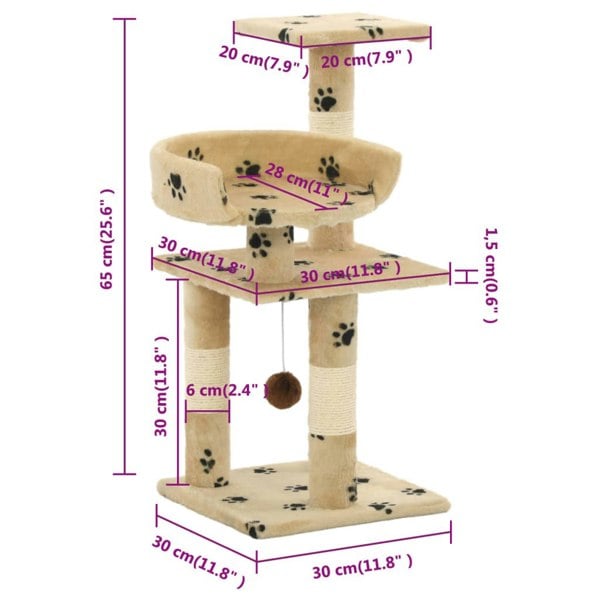 Berkfield Cat Tree with Sisal Scratching Posts 65 cm Paw Prints Beige