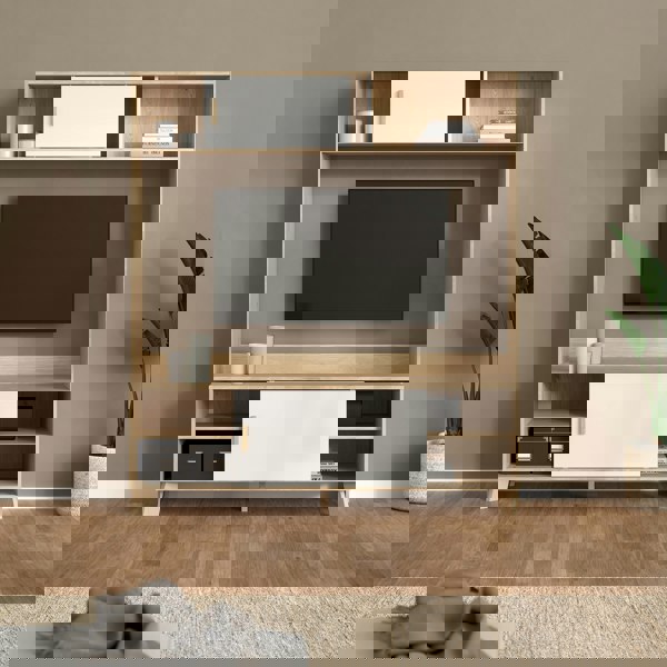 Furniture To Go Ikast TV-Wall Unit with 2 Sliding Doors in Jackson Hickory and White