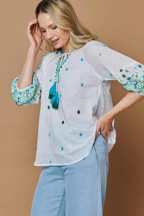 White | Embroidered Tassel Tie Front Blouse