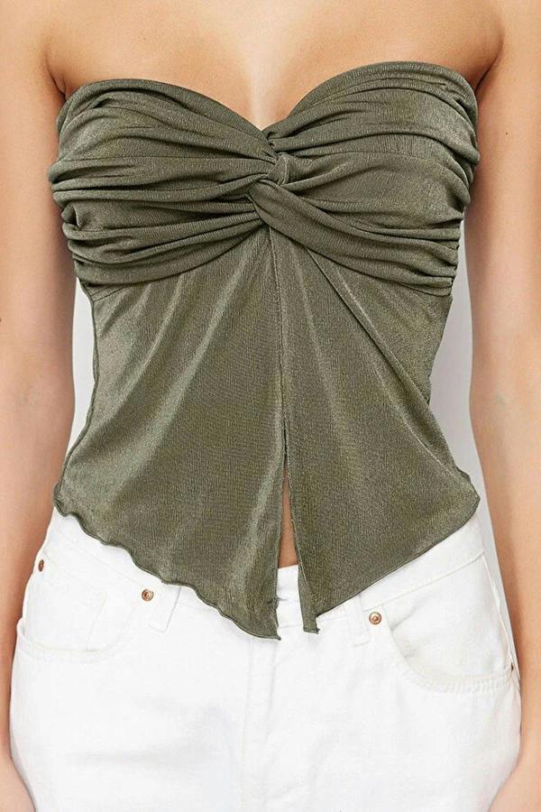 WOVCOR Heart Neck Gathered Stretch Knit Crop Blouse