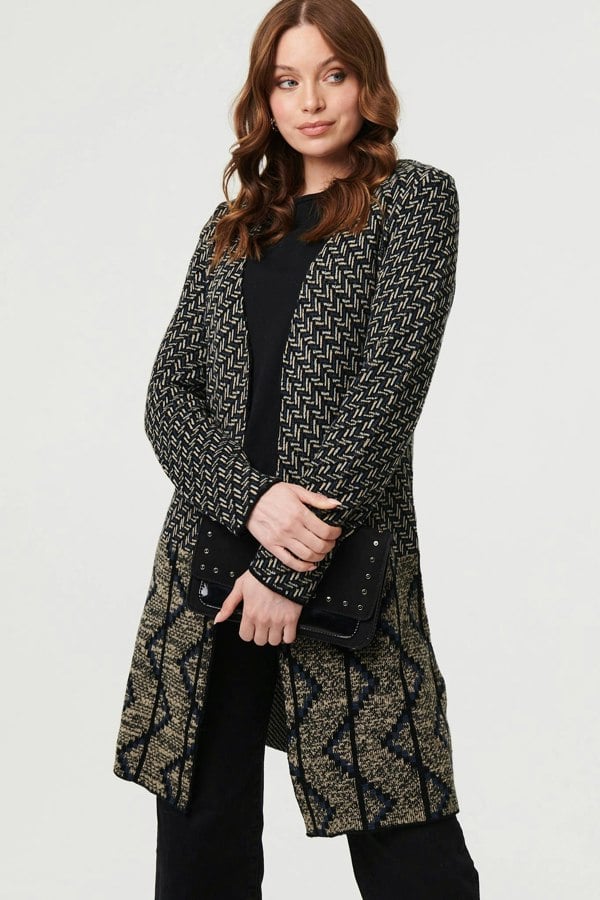 Navy | Geo Print Longline Open Front Jacket
