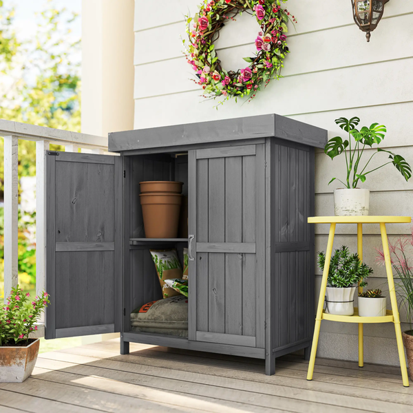 Small Shed, Wooden Garden Shed with Openable Hinged Roof and Removable Shelf, Outdoor Tool Storage Cabinet Chest with Double Doors, Grey