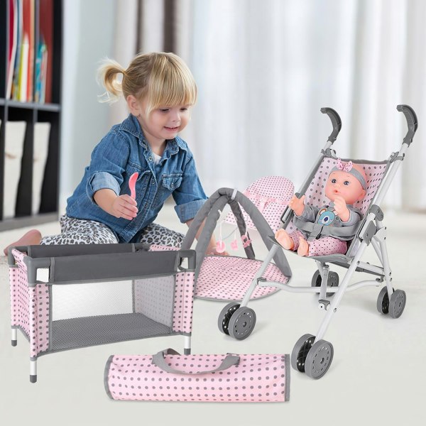 deAO Toys 6-in-1 Baby Doll Playset – Stroller, Doll Bed, Play Mat, Bouncer, Travel Bags & Feeding Accessories, Safe & Durable Gift for Kids 3+