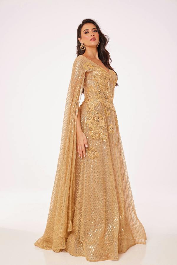 LuvForever Gold Drape Sleeve Maxi Dress