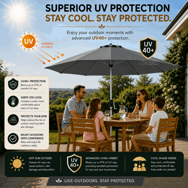 GlamHaus Tilting Garden Parasol Table Umbrella 2.7M with Crank Handle, UV40 Protection, Free Protection Cover - Dark Grey