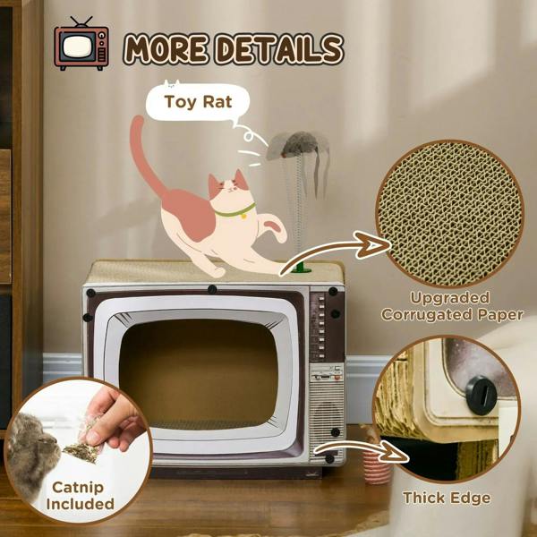 TV-shaped cat scratching board with toy rat, corrugated paper scratching area, thick edge