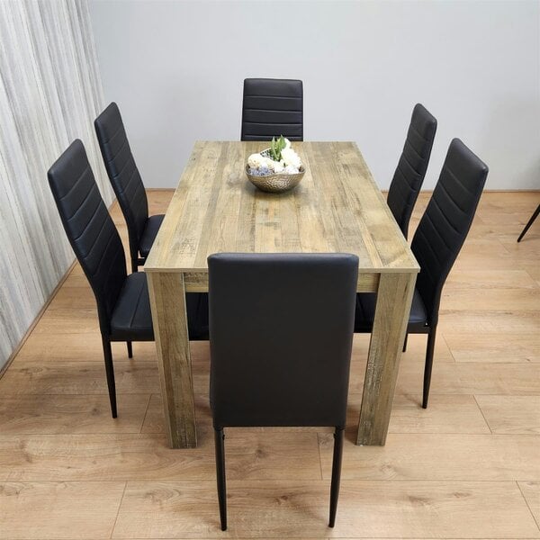 Kosy Koala Dining Table and 6 Black Metal Leather Chairs Rustic Effect Wood Dining Room