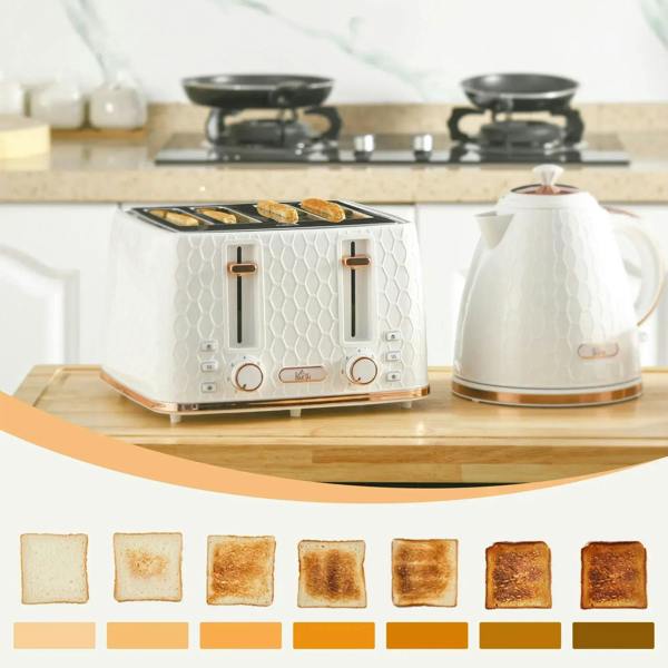 White electric kettle and four-slice toaster with various toast shade samples