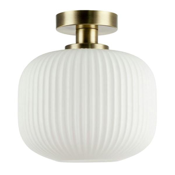 Antique Brass Bathroom Ceiling Light with Opal Ribbed Glass Shade Image 1