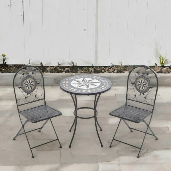 Rafaelo Mobilia Set of 3 Bistro Set With Mosaic Table And 2 Armless Chairs Grey
