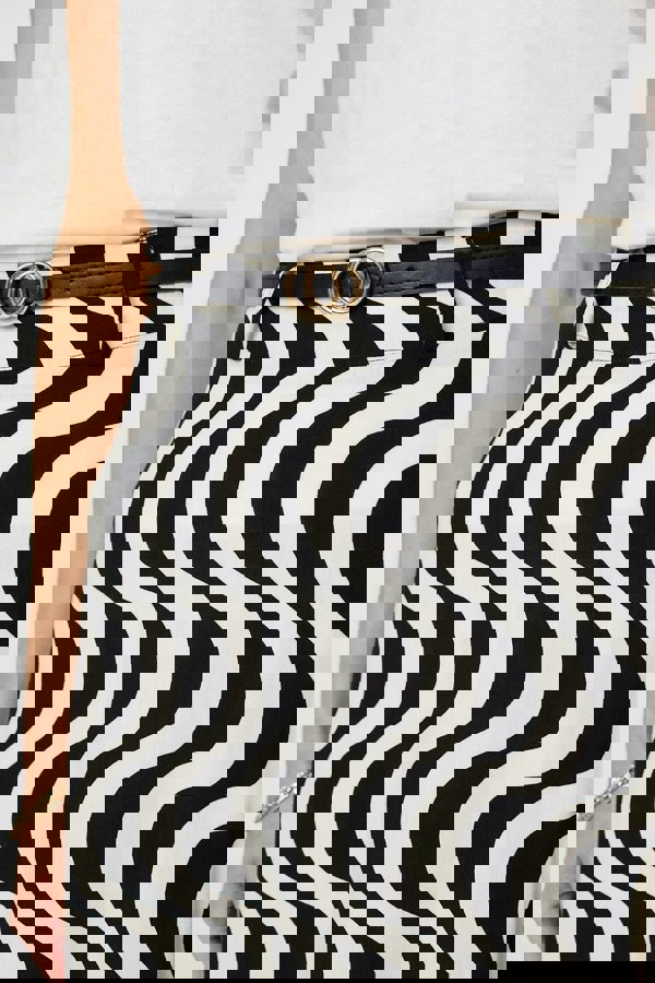 Black | Wave Print Hanky Hem Belt Midi Skirt