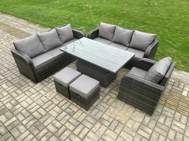 Fimous Dark Grey Mixed Rattan Outdoor Dining Set - Height Adjustable Lifting Table, Reclining Chair & 2 Small Footstools