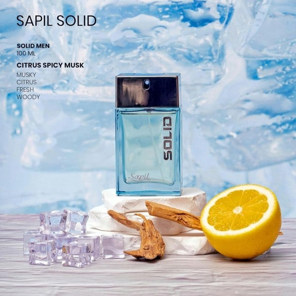 Sapil Solid 100ml EDT Mens bottle placed on ice with citrus and wood