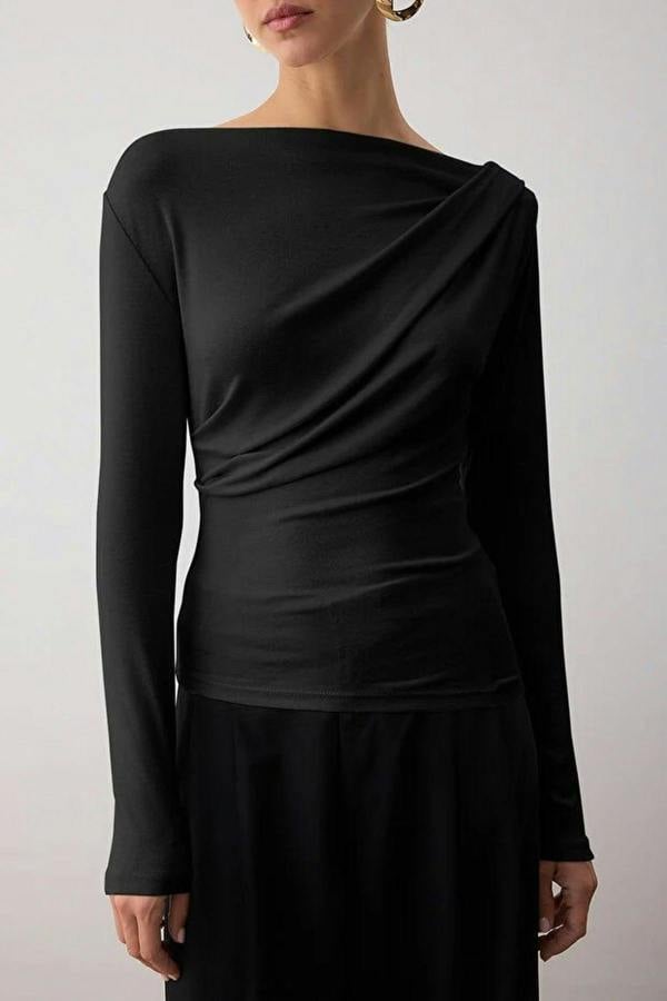 WOVCOR Asymmetrical Neckline Detail Flexible Knit Blouse
