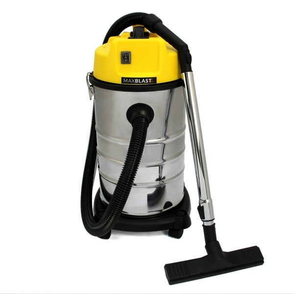 Maxblast 30L wet and dry vacuum with a shiny stainless steel body, yellow top, and flexible hose for versatile cleaning tasks