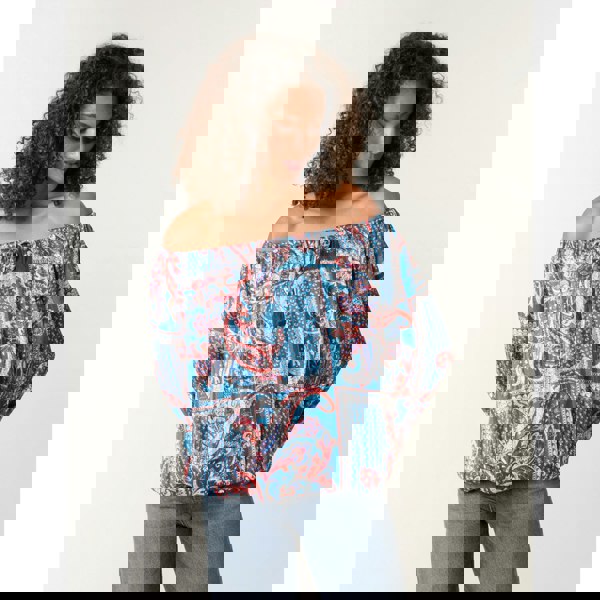 Blue Vanilla Paisley Printed Bardot Puff Ball Blouse