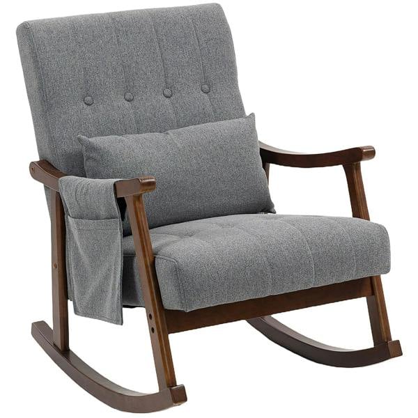 Grey fabric rocking accent chair with button-tufted back, wood arms, curved rockers.