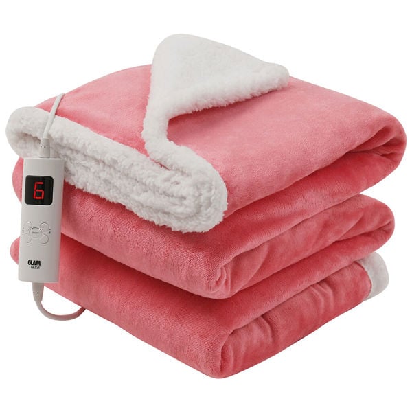 GlamHaus Heated Throw Electric Blanket 6 Heat and 3 Timer Auto Shut Off - Digital Control - Machine Washable - Dark Pink