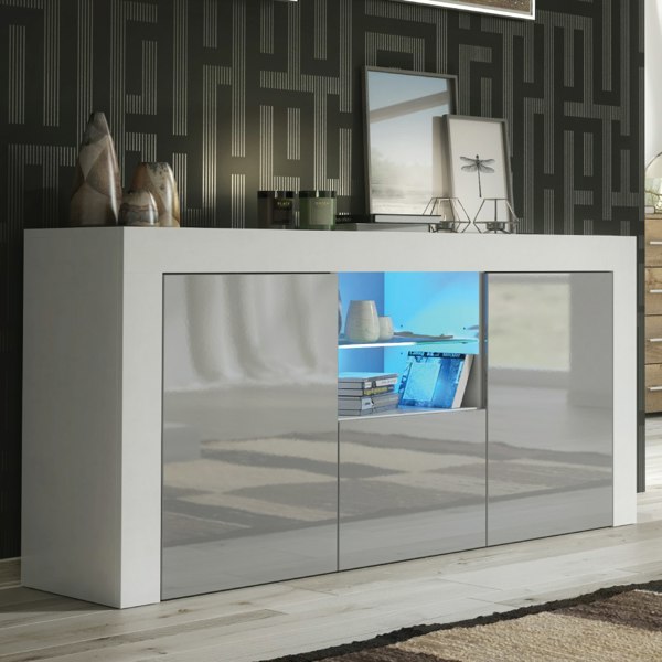 Mex Furniture Modern 145cm TV Unit, Cabinet Stand & Sideboard with Grey Gloss Doors & Free LED