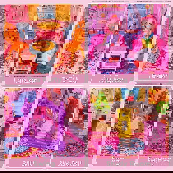 deAO Toys Princess My first Dolls House Kids Pink Grand Four Story Castle Dolls House Playset With Furniture