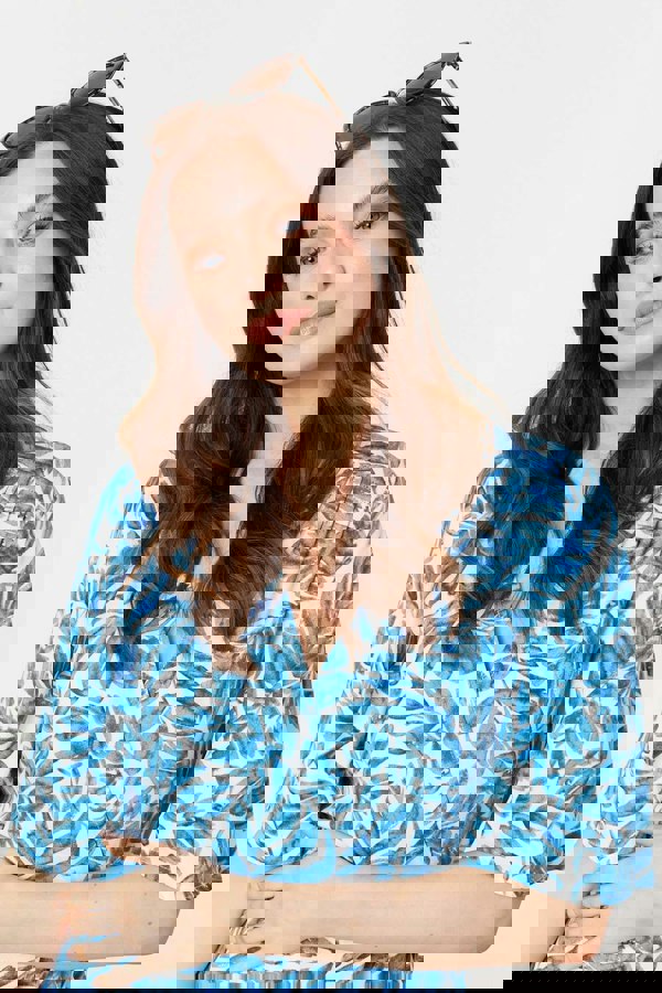 Blue | Leaf Print 1/2 Sleeve Wrap Dress