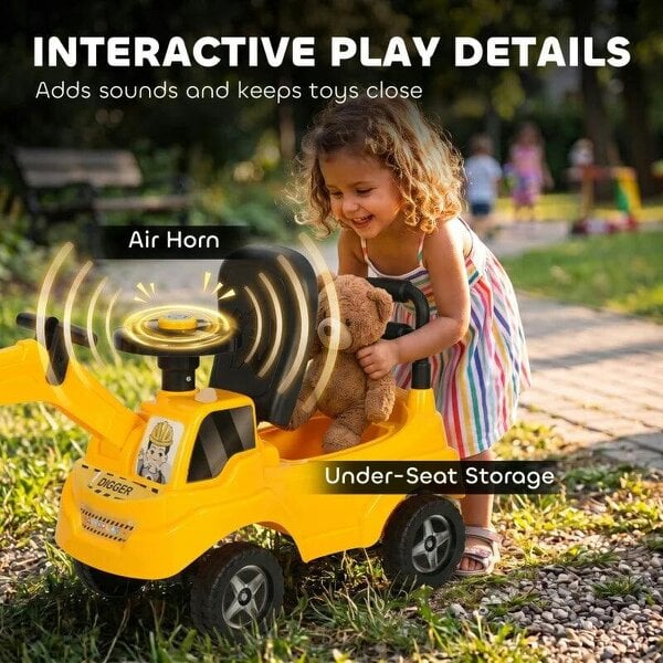 Bobobiy Ride On Tractor Digger, Toddler Excavator Toy Car with Adjustable Bucket, Horn, Under Seat Storage for Ages 1-3 Y Yellow