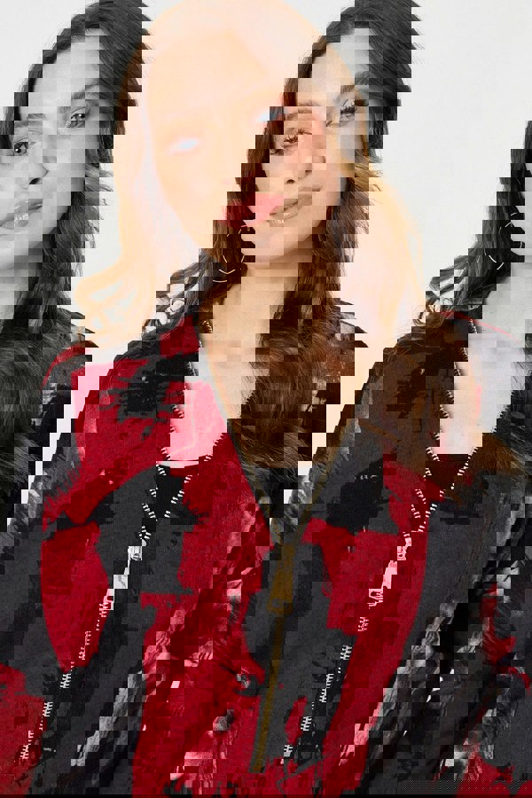 Red | Abstract Zip Front Long Sleeve Top
