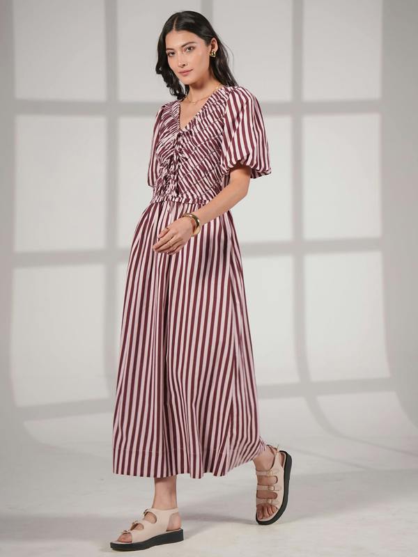 Rose & Nancy Isla Burgundy And Pink Stripe Cotton Linen Blend Dress