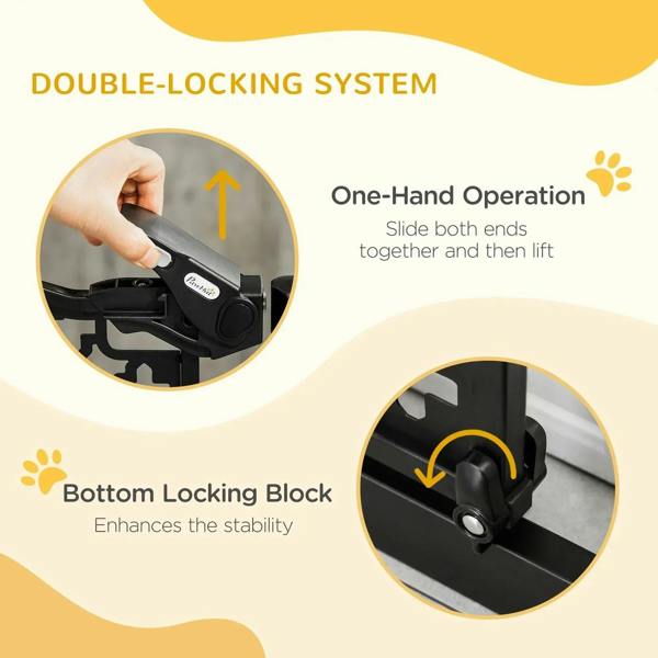 Black double-lock pet gate handle and locking bar on the frame