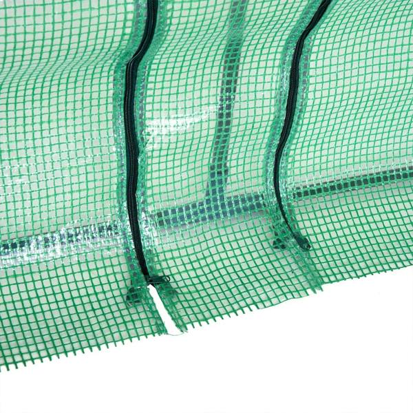Green mini greenhouse with clear PE mesh cover showing zippered seam detail