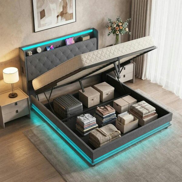 Bobobiy 5ft King Bed Frame with Headboard, Platform Bed Frame with Hydraulic Storage, LED Lights and Charging Station, Grey - Dark Grey