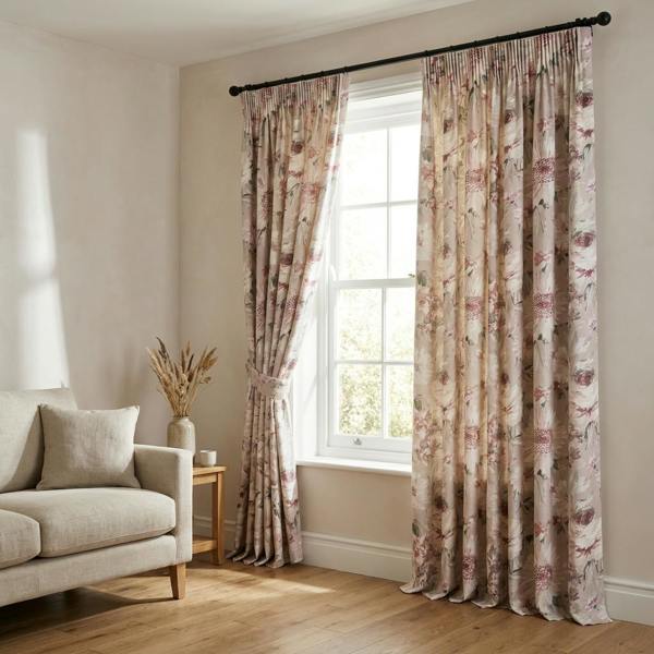 Capri made-to-measure curtains in Blush, styled in a living room