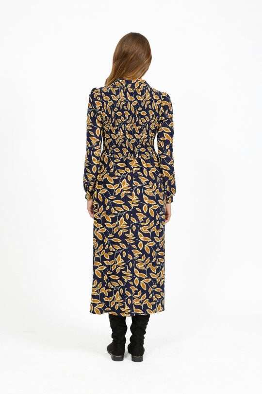Mudflower Leaf Print Soft Touch Shirred Bodice Button-Up Midi Dress