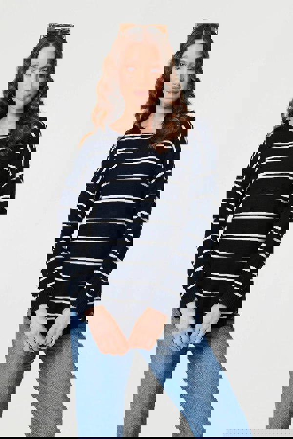 Navy | Striped Drop Shoulder Long Sleeve Top
