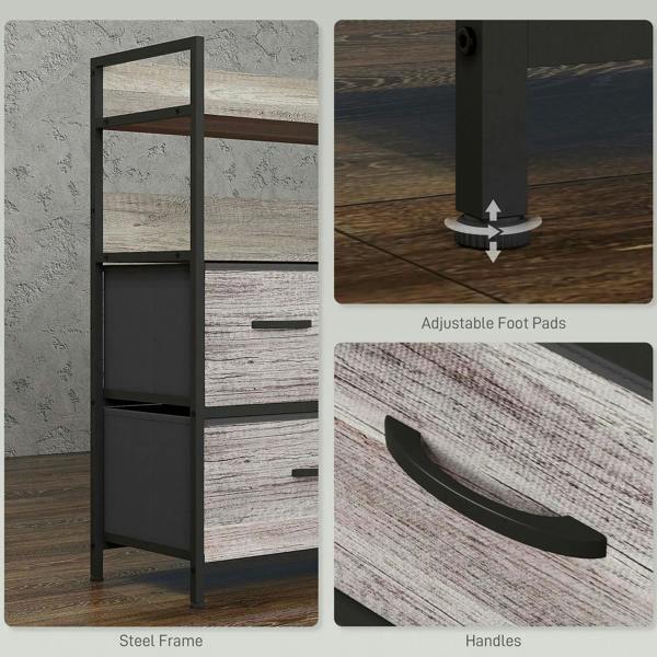Grey wood-effect drawer chest details: steel frame, adjustable foot pads, black handles