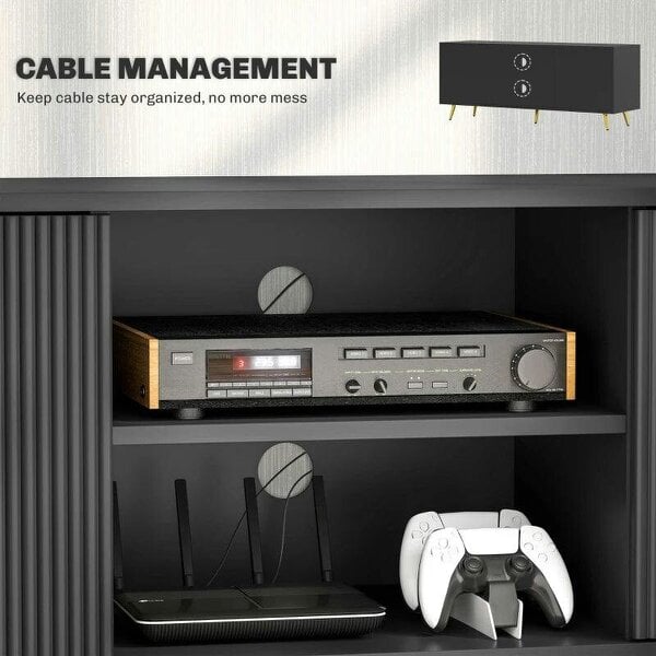 Modern TV Stand Cabinet for TVs up to 55", 2 Open Shelves & 2 Cabinets, Entertainment Centre - Cable Management for Living Room, Black