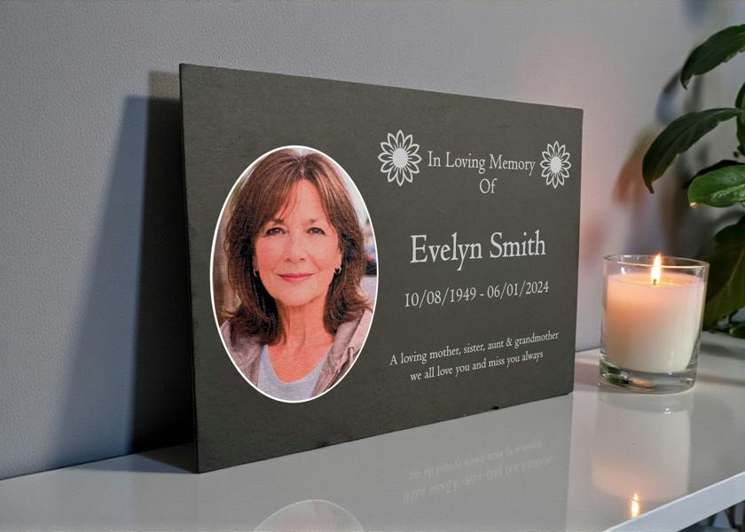 Memorials Direct Photo Slate Memorial Plaque, Sunflower, Add a Portrait & Personalised Text | 35×25cm (14×10”)