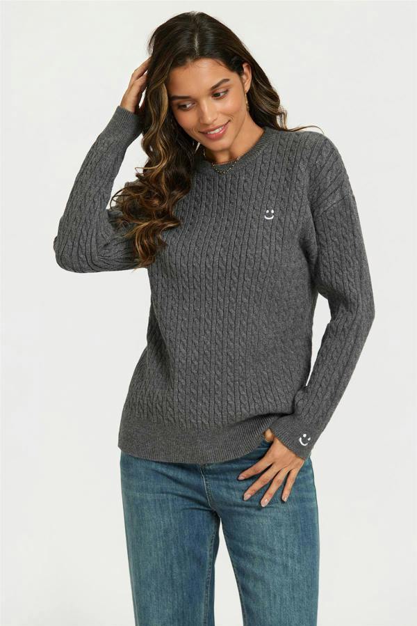 FS Collection Smiley Face Embroidery Jumper Top In Dark Grey